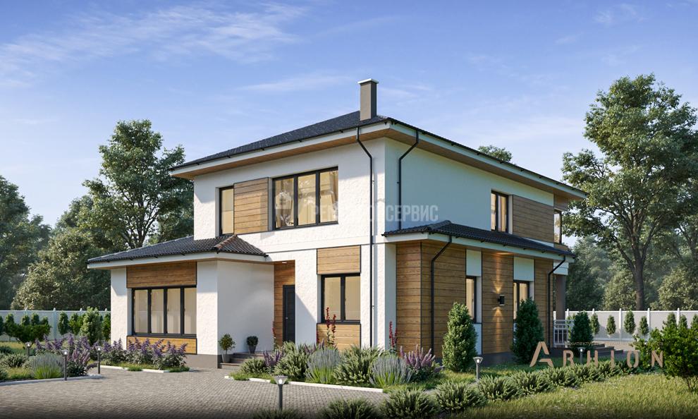 3. Проект двухэтажного дома в немецком стиле с четырехскатной, t-52-01, площадью - 195 кв c терассой, балконом